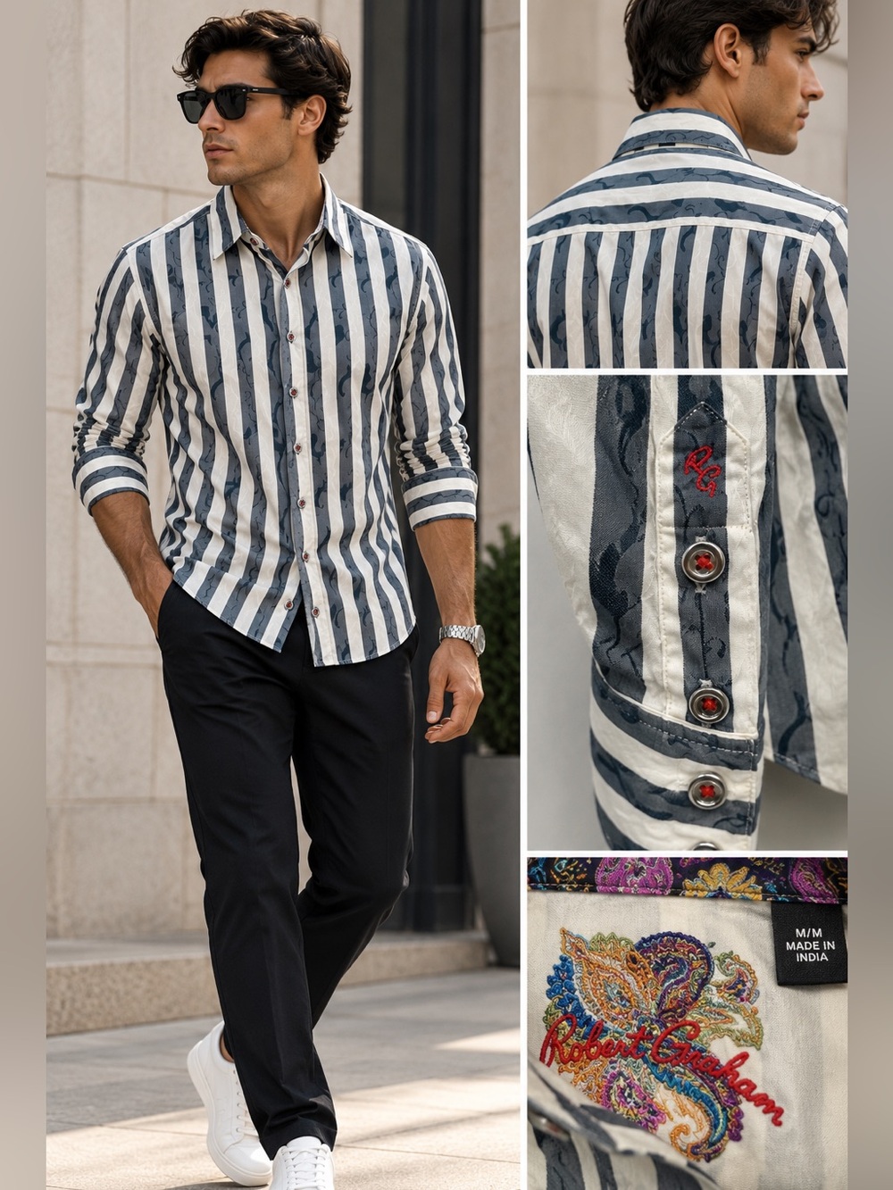 Robert Graham Paisley Jacquard Striped Shirt M Flip Cuff